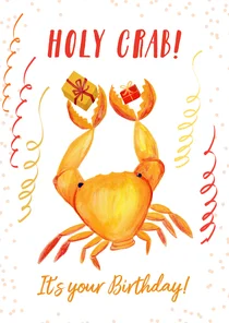 Grappige verjaardagskaart met krab met cadeautjes