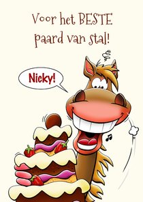 Grappige verjaardagskaart met paard en grote taart