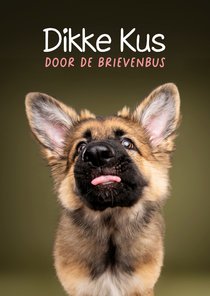 Grappige wenskaar van hond met tong, kus door de brievenbus