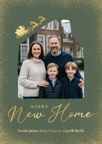 Groene verhuiskaart merry new home met foto en kerstman goud