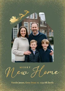 Groene verhuiskaart merry new home met foto en kerstman goud