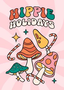 Groovy kerstkaart hippie holidays paddestoelen illustratie
