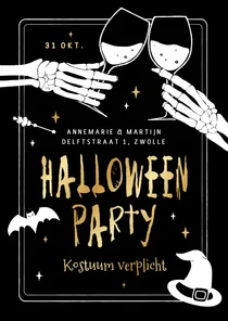 Halloweenfeest uitnodiging skelet proost vleermuis heks