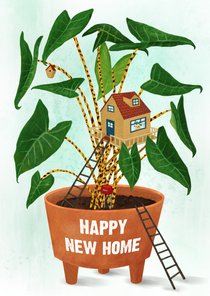 Happy new home, felicitatie kaart kamerplant met tiny home