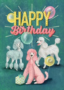 Happy Poodle Birthday! Verjaardagkaart met gekleurde poedels