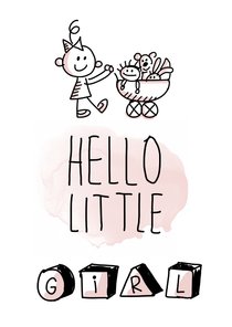 Hello little girl met meisje met wandelwagen en poppen