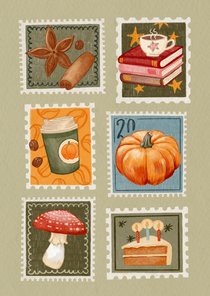 Herfst wenskaart met postzegels