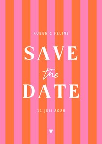 Hip en trendy save the date hartje gestreept oranje roze