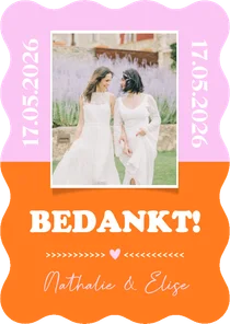 Hippe bedankkaart trouwen met foto in colorblocking stijl 