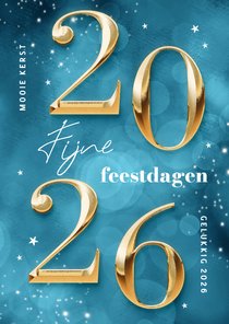 Hippe blauwe kerstkaart cijfers 2026 goud sprankelend