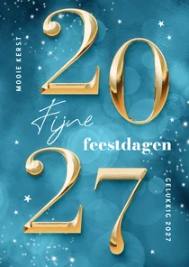 Hippe blauwe kerstkaart cijfers 2027 goud sprankelend