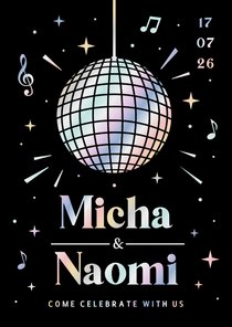Hippe disco trouwkaart uitnodiging met discobal en holofolie
