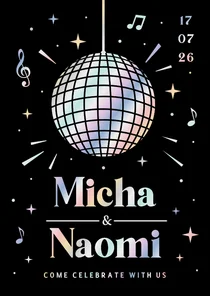 Hippe disco trouwkaart uitnodiging met discobal en holofolie