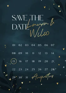 Hippe donkerblauwe save the date kalender met gouden hartjes