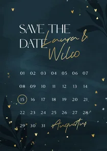 Hippe donkerblauwe save the date kalender met gouden hartjes
