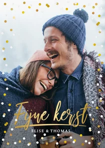 Hippe kerstkaart met grote foto en goud met witte confetti