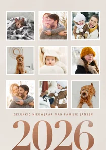 Hippe nieuwjaarskaart fotocollage groot jaartal 2026 beige