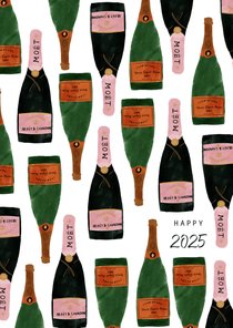 Hippe nieuwjaarskaart met champagneflessen en 2025