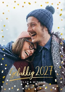 Hippe nieuwjaarskaart met grote foto, 2027 en confetti