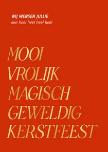 Hippe rode kerstkaart met kerstwensen in goudfolie
