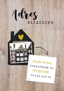 Hippe verhuiskaart met huisje, foto, typografie en adres