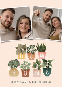 Hippe verhuiskaart met plantjes, New Home, foto's en hartjes