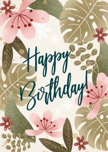Hippe verjaardagskaart met bloemen, planten Happy Birthday!