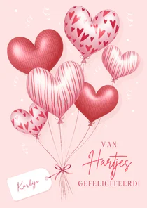 Hippe verjaardagskaart met hartjes 3d ballonnen en naamlabel