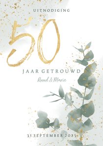 Jubileumkaart 50 jaar met waterverf takje en gouden spetters