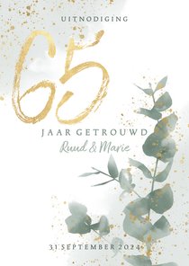 Jubileumkaart 65 jaar getrouwd met waterverf takje en goud