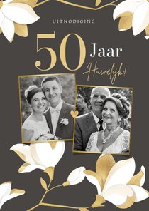 Jubileumkaart stijlvol fotocollage goud-witte magnolia's