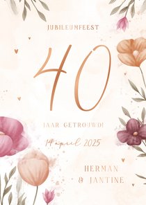 Jubileumkaart waterverf bloemen met koperen hartjes