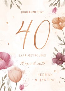 Jubileumkaart waterverf bloemen met koperen hartjes