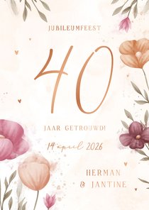 Jubileumkaart waterverf bloemen met koperen hartjes