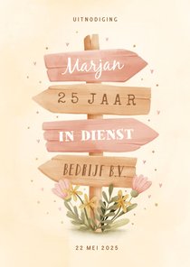 Jubileumkaart wegwijzer met bloemen 25 jaar aanpasbaar