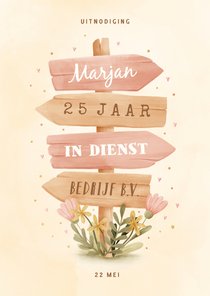 Jubileumkaart wegwijzer met bloemen 25 jaar aanpasbaar