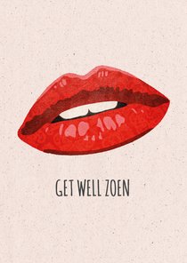 Kaart beterschap of sterkte met mond 'Get well zoen'