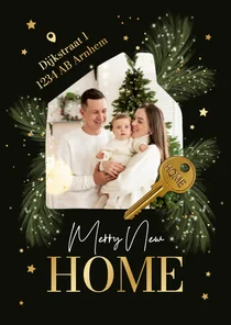 Kerst en verhuiskaart foto huisje sleutel 'merry new home'