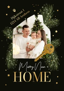 Kerst en verhuiskaart foto huisje sleutel 'merry new home'