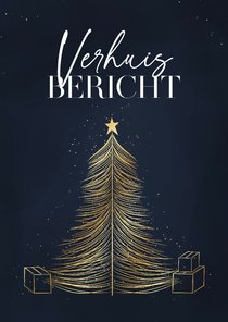 Kerst- en verhuiskaart met goud lijntekening boom dozen