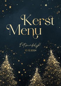 Kerst menukaart blauw met gouden kerstbomen 