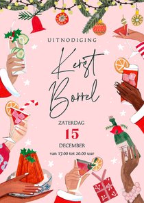 Kerst uitnodiging kerstborrel handen en cocktails