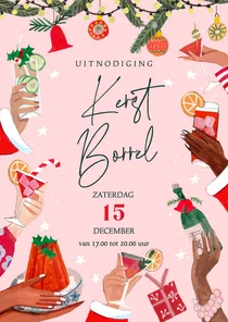 Kerst uitnodiging kerstborrel handen en cocktails