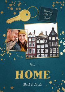 Kerst-verhuiskaart 2 foto's sleutel met label new home