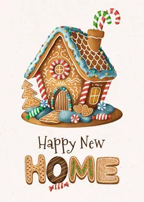 Kerst verhuiskaart gingerbread house huis snoep koekjes