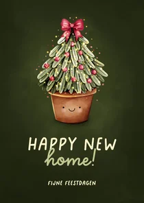 Kerst verhuiskaart happy new home met vrolijke kerstboom