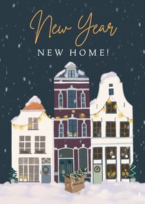 Kerst verhuiskaart huizen in kerstsfeer