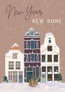 Kerst verhuiskaart huizen in sneeuw