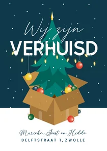 Kerst verhuiskaart kerstboom kerstballen winter sneeuw