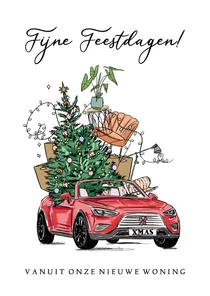 Kerst verhuiskaart met auto kerstboom en verhuisdozen